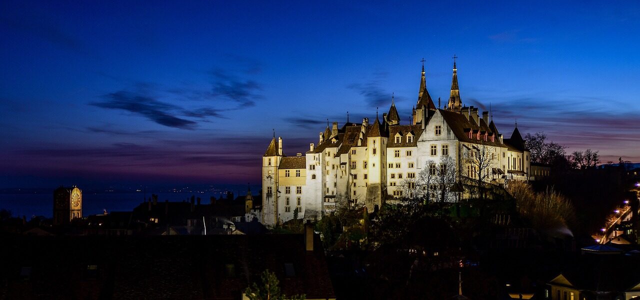 chateau, collegiate, architecture, history twilight, color, winter, the town of neuchâtel, neuchâtel, switzerland, neuchâtel, neuchâtel, neuchâtel, neuchâtel, neuchâtel, switzerland